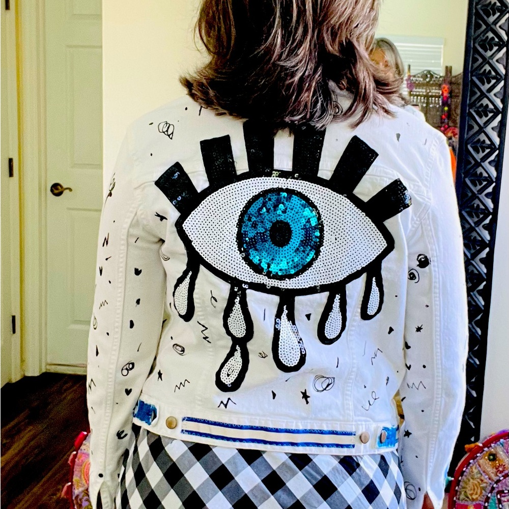 Evil eye white denim jacket